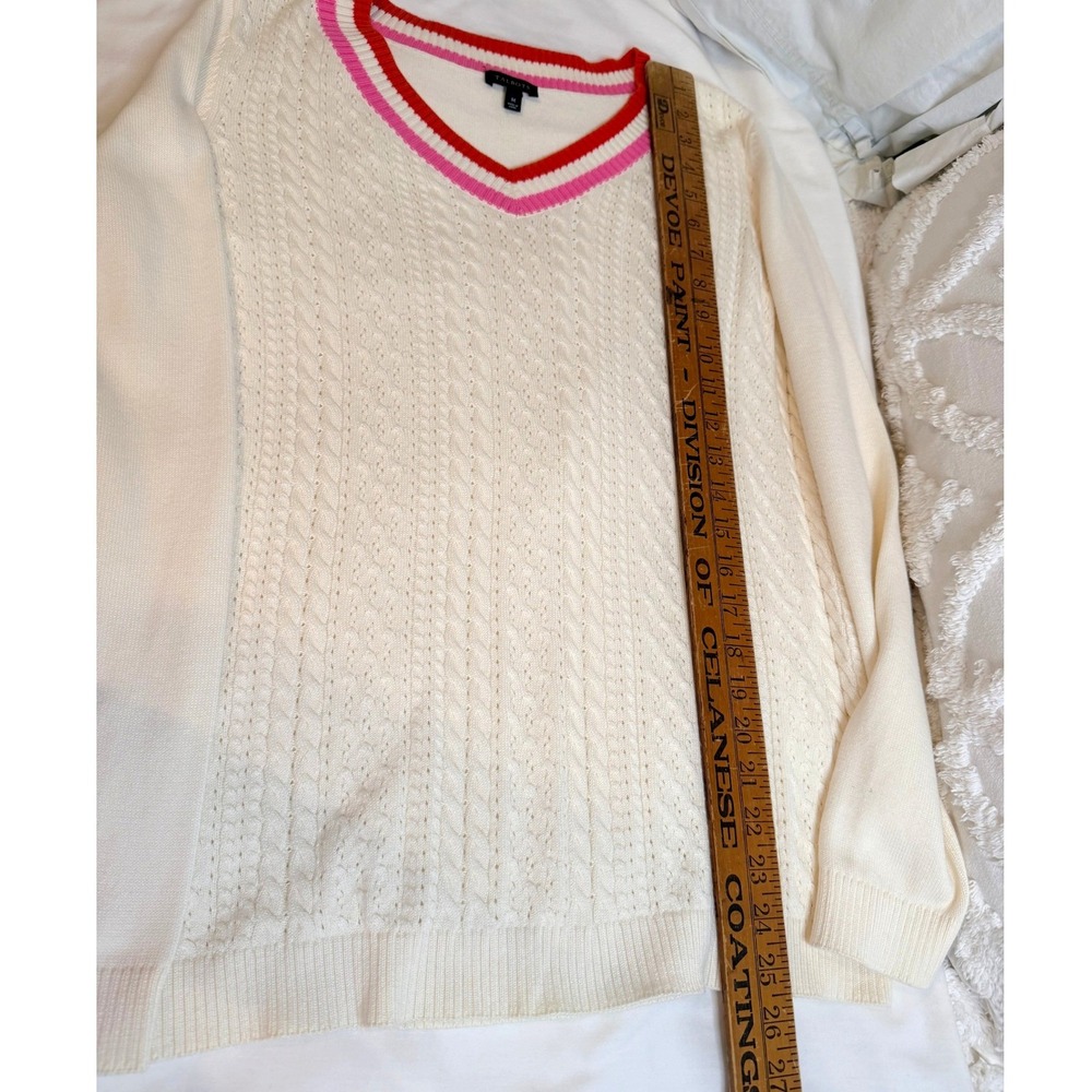 Talbots V-Neck Sweater Womens M Ivory Excellent Pink Orange Trim Cable Knit - Picture 6 of 8